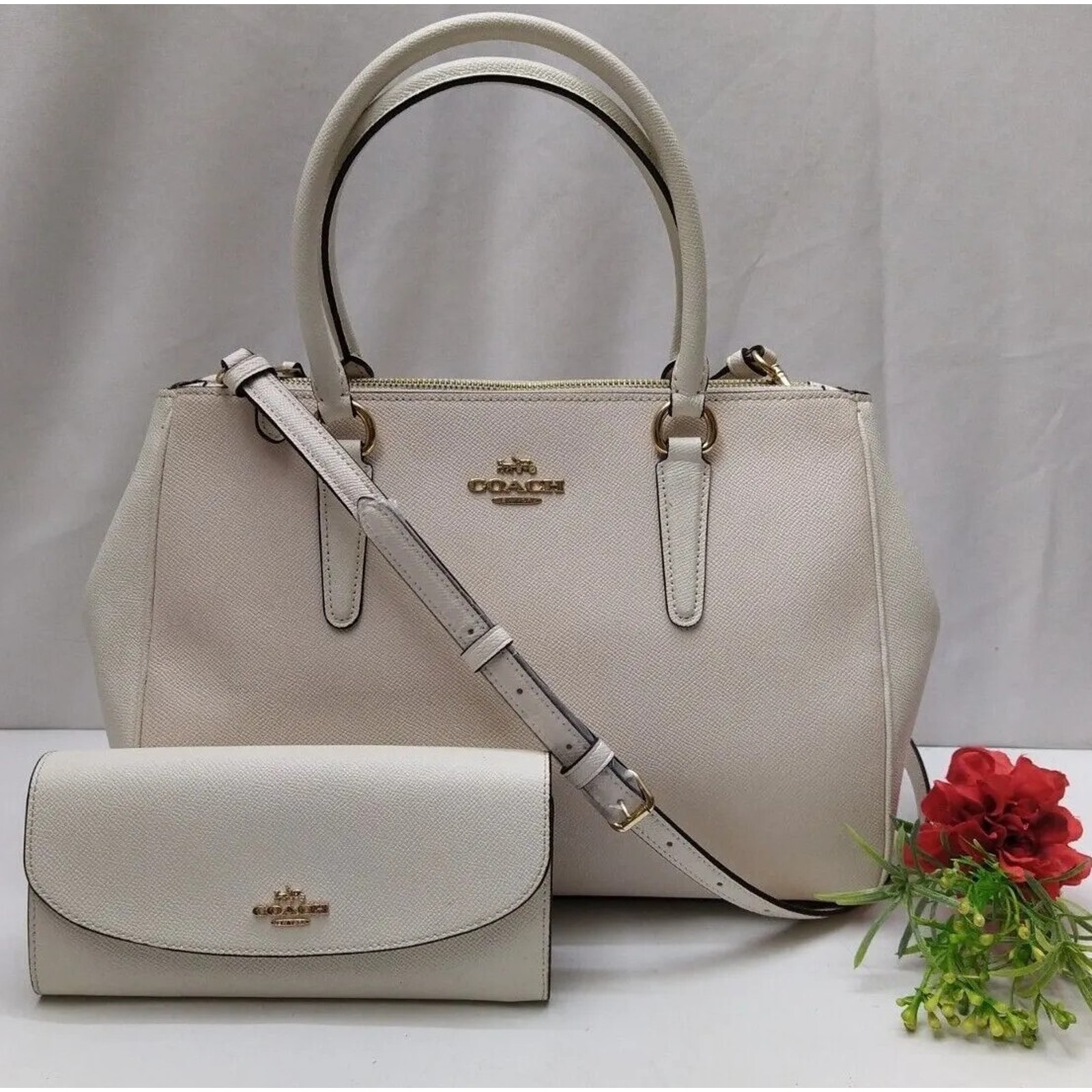 Coach Surrey Off-White Leather Carryall Satchel Bag W/ Matching Wallet